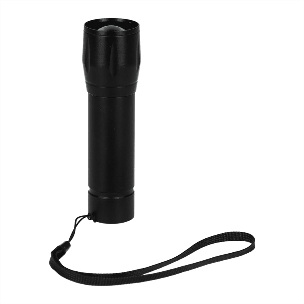 A black flashlight with a cylindrical body and a textured surface is shown standing upright. It features a black wrist strap attached to its end. The flashlight is positioned against a plain white background.