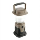 A portable camping lantern with a brown handle and base. It features a cylindrical frosted light housing and a black button on the front. The design is compact, suitable for outdoor use.