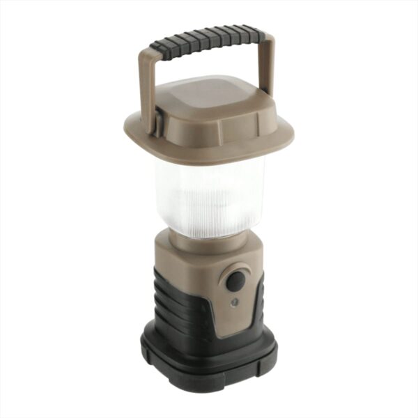 A portable camping lantern with a brown handle and base. It features a cylindrical frosted light housing and a black button on the front. The design is compact, suitable for outdoor use.