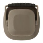 A top view of a brown square plastic lid with rounded edges and a black textured handle.