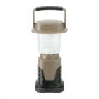 A portable camping lantern with a brown top and base, featuring a clear, cylindrical light chamber. It has a black carrying handle on top and black accents on the bottom section.