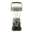 A brown and black camping lantern with a clear cylindrical light cover, a sturdy base, and a handle on top. It features a button on the front for operation.
