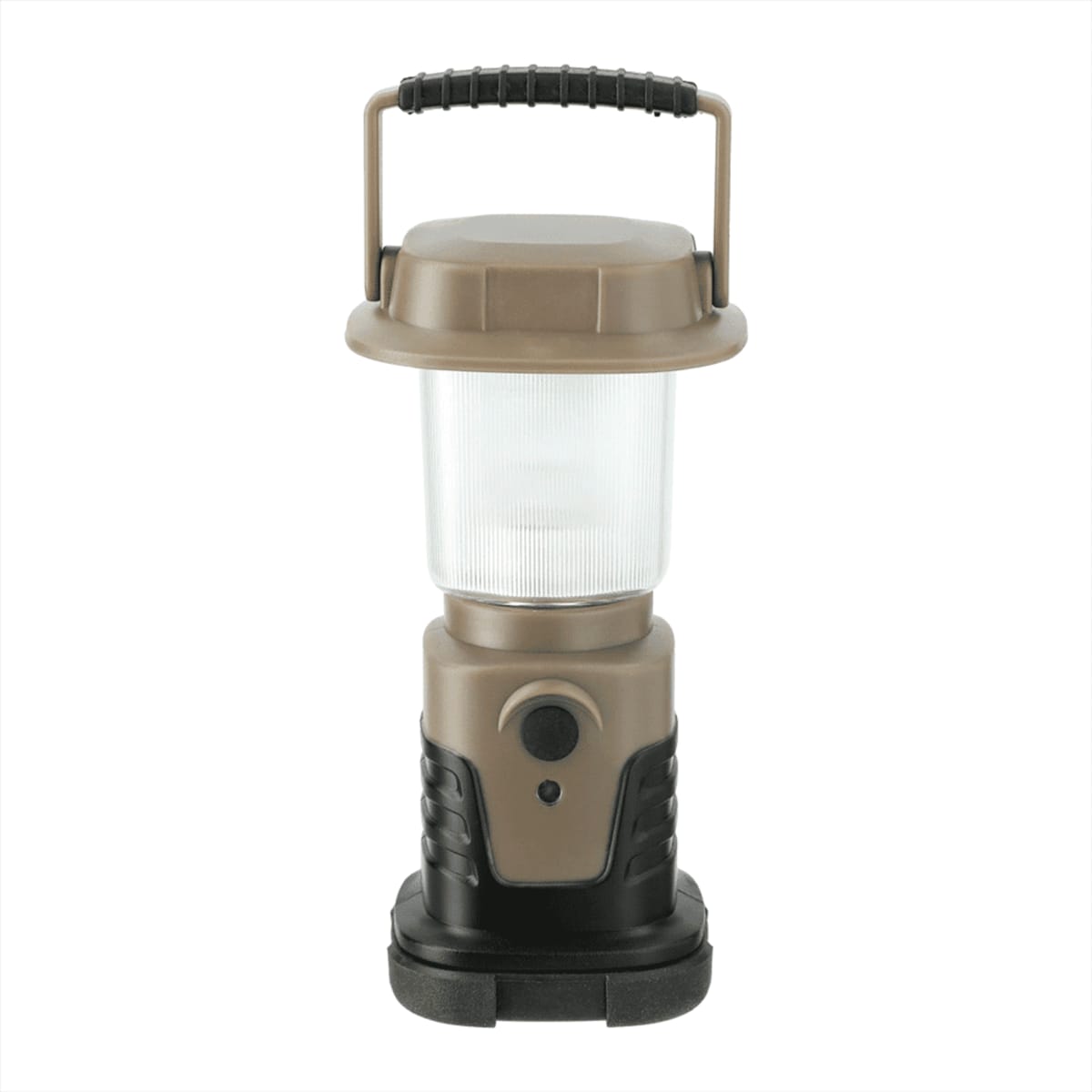 A brown and black camping lantern with a clear cylindrical light cover, a sturdy base, and a handle on top. It features a button on the front for operation.