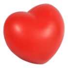 A smooth, shiny, red heart-shaped object with a rounded appearance and subtle highlights, set against a plain white background.