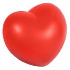 A bright red heart-shaped stress ball with a smooth texture, set against a plain white background.