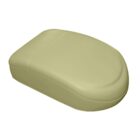 Beige, curved plastic toilet seat lid viewed from above, angled to the left.