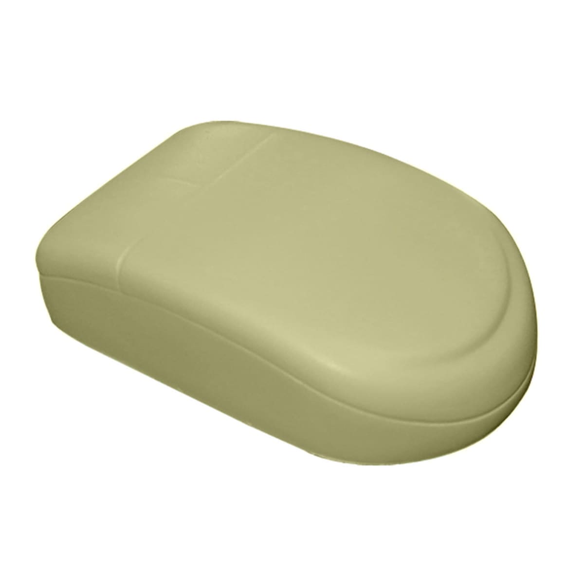 Beige, curved plastic toilet seat lid viewed from above, angled to the left.