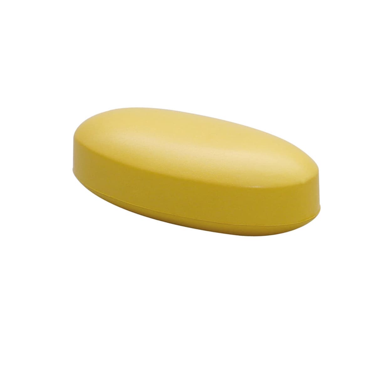 A yellow, oval-shaped soap bar with a smooth surface, isolated on a white background.