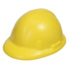 Yellow construction hard hat with a smooth surface and a short brim, viewed from the side against a white background.