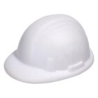 White construction hard hat with a smooth surface and a curved brim, shown from the side profile.