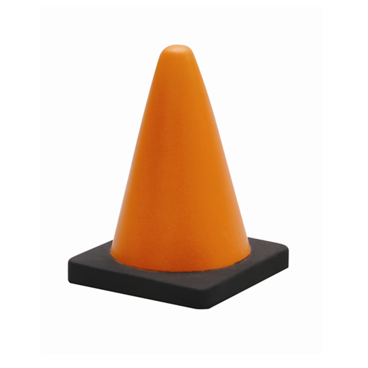 An orange traffic cone with a smooth surface, sitting on a black square base against a white background.