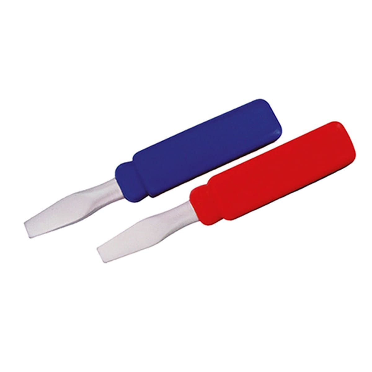 Two metal spatula tools with plastic handles, one blue and one red, placed side by side. The handles are rectangular, and the metal blades are flat, tapered to a blunt end.