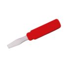 Image of a small, handheld scraping tool with a flat metal blade and a red plastic handle. The tool is isolated on a white background.