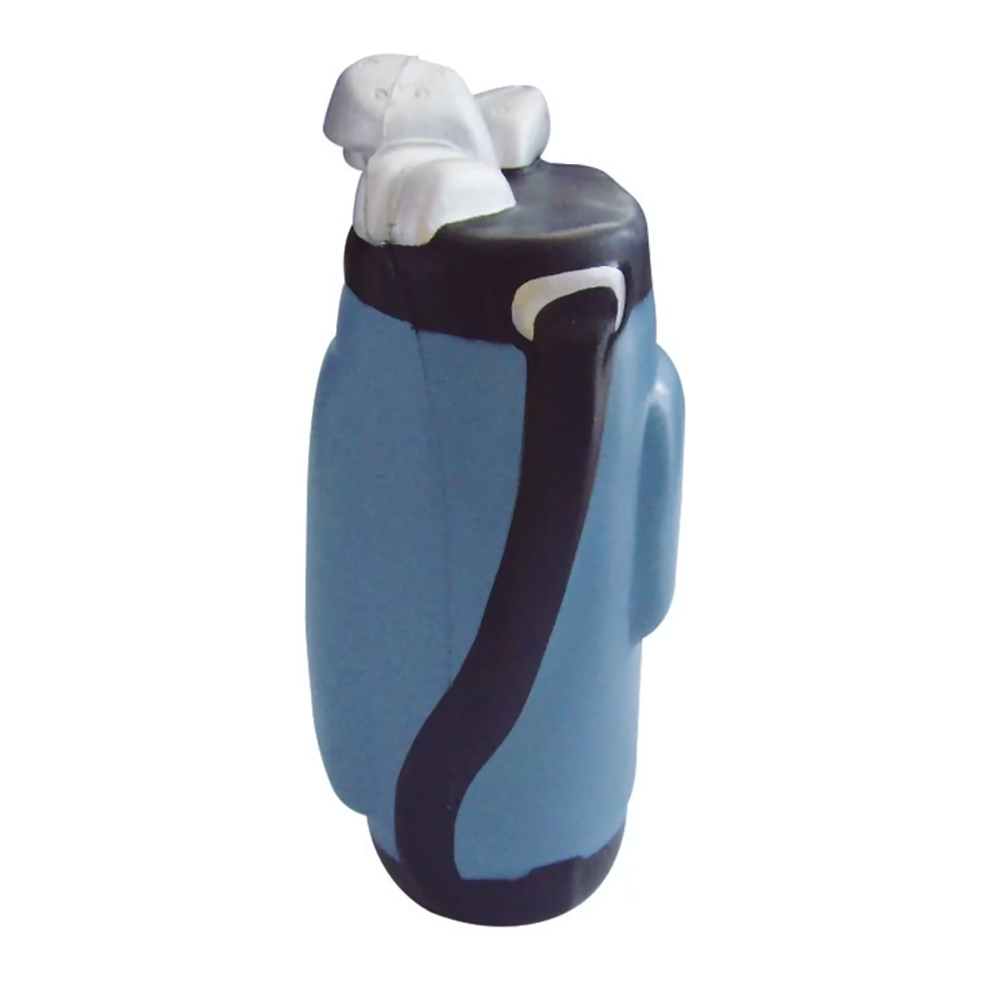 Stress relief with blue and black Stress Golf Club Set Shaped ball featuring white clubs on top.