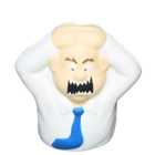 The Stress Shaped Boss stress ball depicts an angry boss with a fierce expression, spiky teeth, and wide eyes. Wearing a white shirt and blue tie, it holds its hands on its head, embodying workplace frustration.