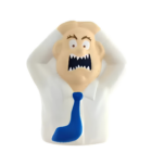 The Stress Shaped Boss is a stress ball resembling a cartoon boss with wide eyes, an open mouth, and a white shirt with blue tie. With its hands on its head in frustration, its ideal for squeezing away workplace stress.
