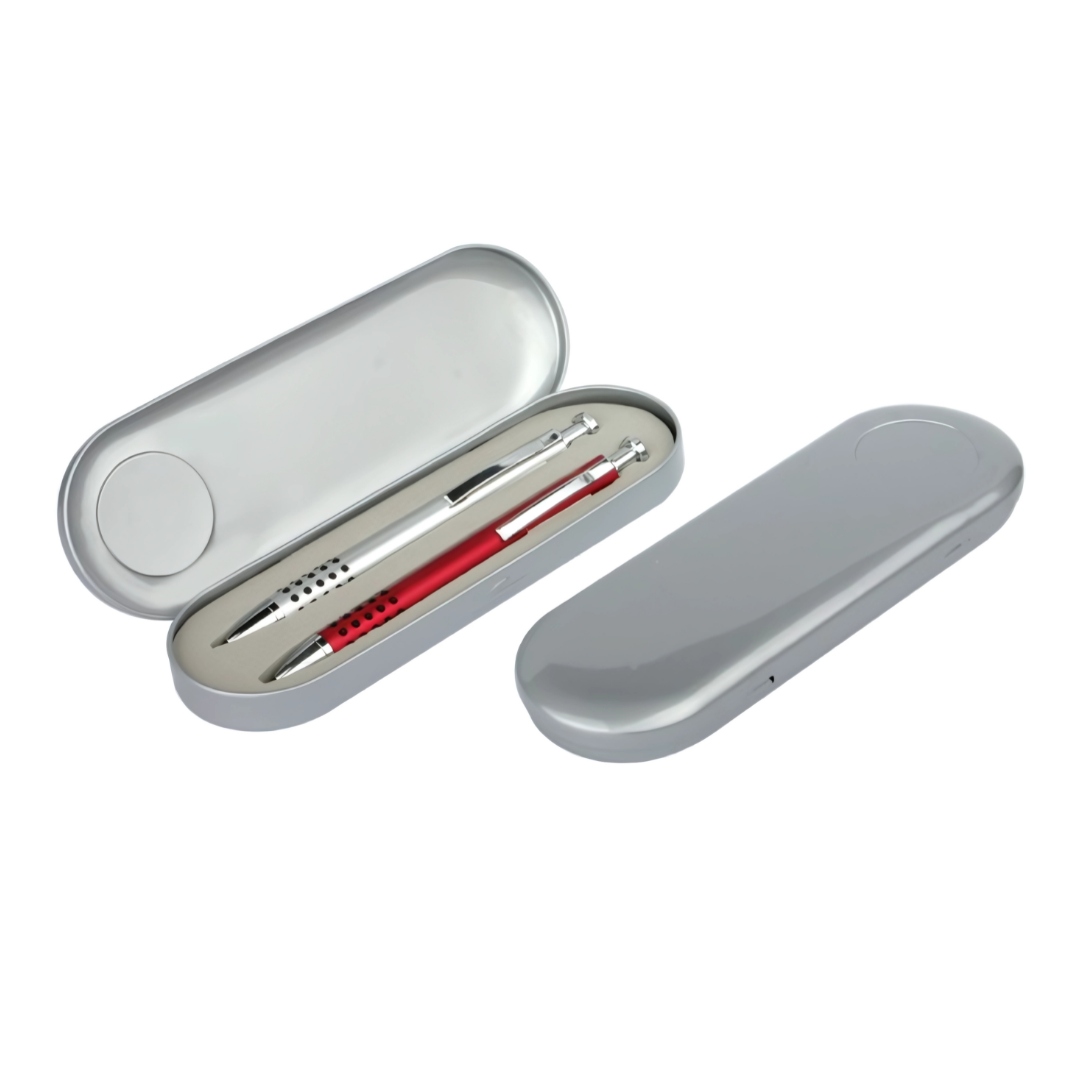 Silver case with student pen and pencil, metal pen beside a closed case.