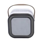 A compact, portable speaker with a sleek design, featuring a perforated front mesh panel and a brown carrying handle on top, set against a plain white background.