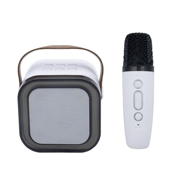 A portable Bluetooth speaker with a brown strap next to a wireless microphone. Both devices are white with black accents. The speaker has a mesh front, and the microphone features control buttons.