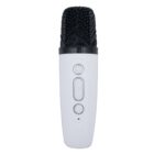 A white, handheld microphone with black mesh covering the top. It features two buttons on the front, possibly for adjusting volume or settings. The design is sleek and modern, suitable for recording or broadcasting.