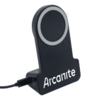 A black wireless charging stand with a circular charging pad, featuring Arcanite branding in white. The stand is connected to a power source via a black cable.