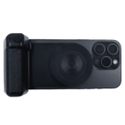 A smartphone with a camera grip and circular holder attached to the back. The grip is positioned on the left side, and the phone has three camera lenses on the top right corner.