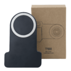 A black wireless charging stand with a circular silver charging pad is in front of a brown box labeled T100 BOLT FAST CHARGING STAND. The box features a simple line drawing of the charger.