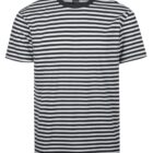 A black and white horizontally striped t-shirt with short sleeves and a black collar, displayed on a white background.