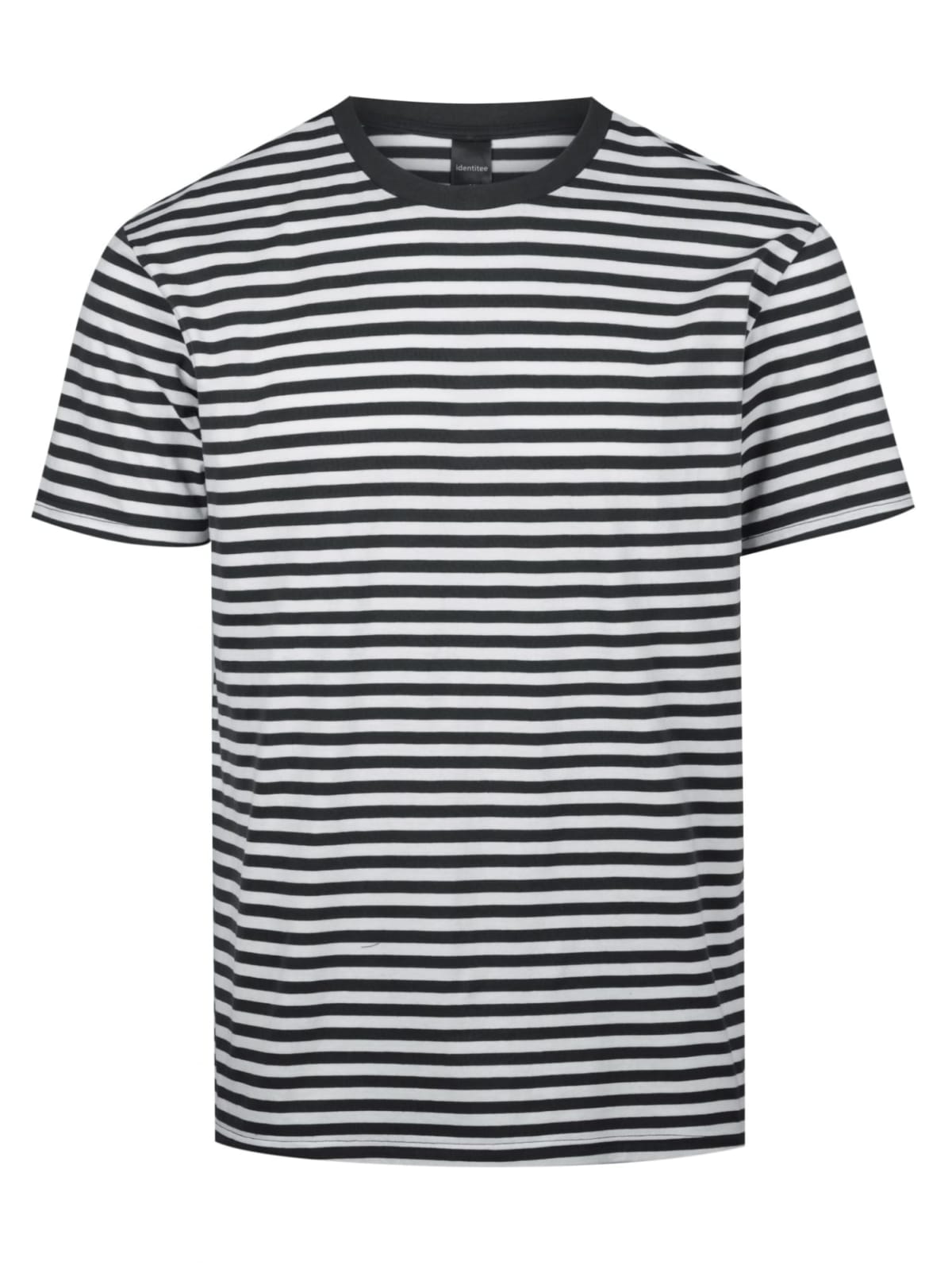 A black and white horizontally striped t-shirt with short sleeves and a black collar, displayed on a white background.