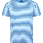 Blue and white horizontally striped short-sleeve t-shirt with a round neckline. The stripes are evenly spaced.