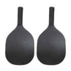 Two black pickleball paddles with wrapped handles, positioned side by side against a white background.