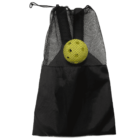 A black mesh drawstring bag containing a single yellow pickleball. The ball is visible through the netting at the top of the bag.