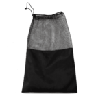 A black mesh drawstring bag with a solid black bottom section. The bag is empty and lays flat against a white background. The drawstring is slightly open at the top.