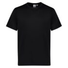 A plain black T-shirt is displayed against a white background. It has short sleeves and a crew neckline.