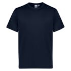 A plain black t-shirt with a round neckline viewed from the front against a white background.