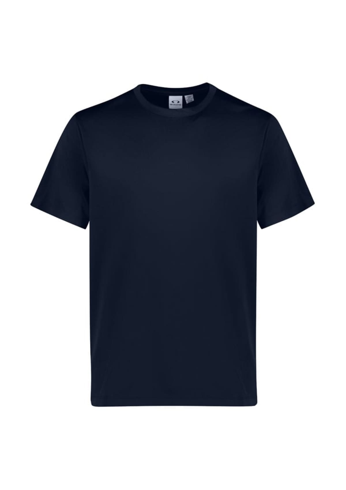 A plain black t-shirt with a round neckline viewed from the front against a white background.
