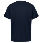 A plain black t-shirt, viewed from the back, with short sleeves and a simple crew neckline, set against a white background.