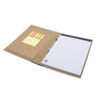 Open notebook with lined paper on the right and a pen. On the left, there are sticky notes in yellow and colorful page markers. The cover is brown.
