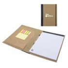 A notebook folder with a pen is open, displaying sticky notes in various colors and a notepad with a recycling symbol. The cover is brown with flair airlines printed in white, and features a black spine.