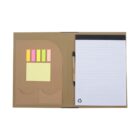 The image shows an open brown cardboard folder with a lined notepad on the right. On the left, there are colorful sticky notes in pink, yellow, and orange, with card slots below. A pen is clipped to the folder.