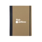 A brown notebook with a black spine and elastic band. It features the flair airlines logo in white on the cover.