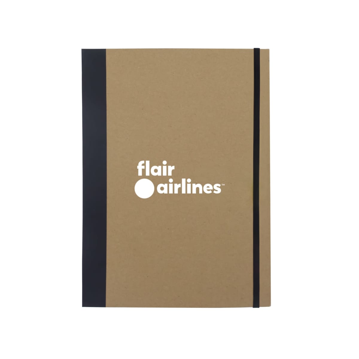 A brown notebook with a black spine and elastic band. It features the flair airlines logo in white on the cover.