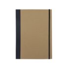 A brown notebook with a black vertical spine and an elastic band on the right for closure, set against a white background.