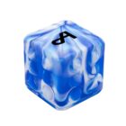 A six-sided die with a marbled blue and white surface, featuring the letter A on the top face.