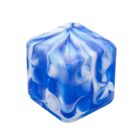 A blue and white hexagonal dice with a marbled pattern, featuring a mix of swirling colors and a shiny surface.