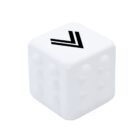 A white fidget cube with a black double arrow symbol on one side. The cube has a textured surface with small circular bumps on another side.