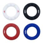 Four round silicone rings are displayed in a 2x2 grid. The rings are white, black, red, and blue, each featuring a brand logo: ONeill, ESPN, FILA, and Kendall, respectively. The rings have circular protrusions on the surface.