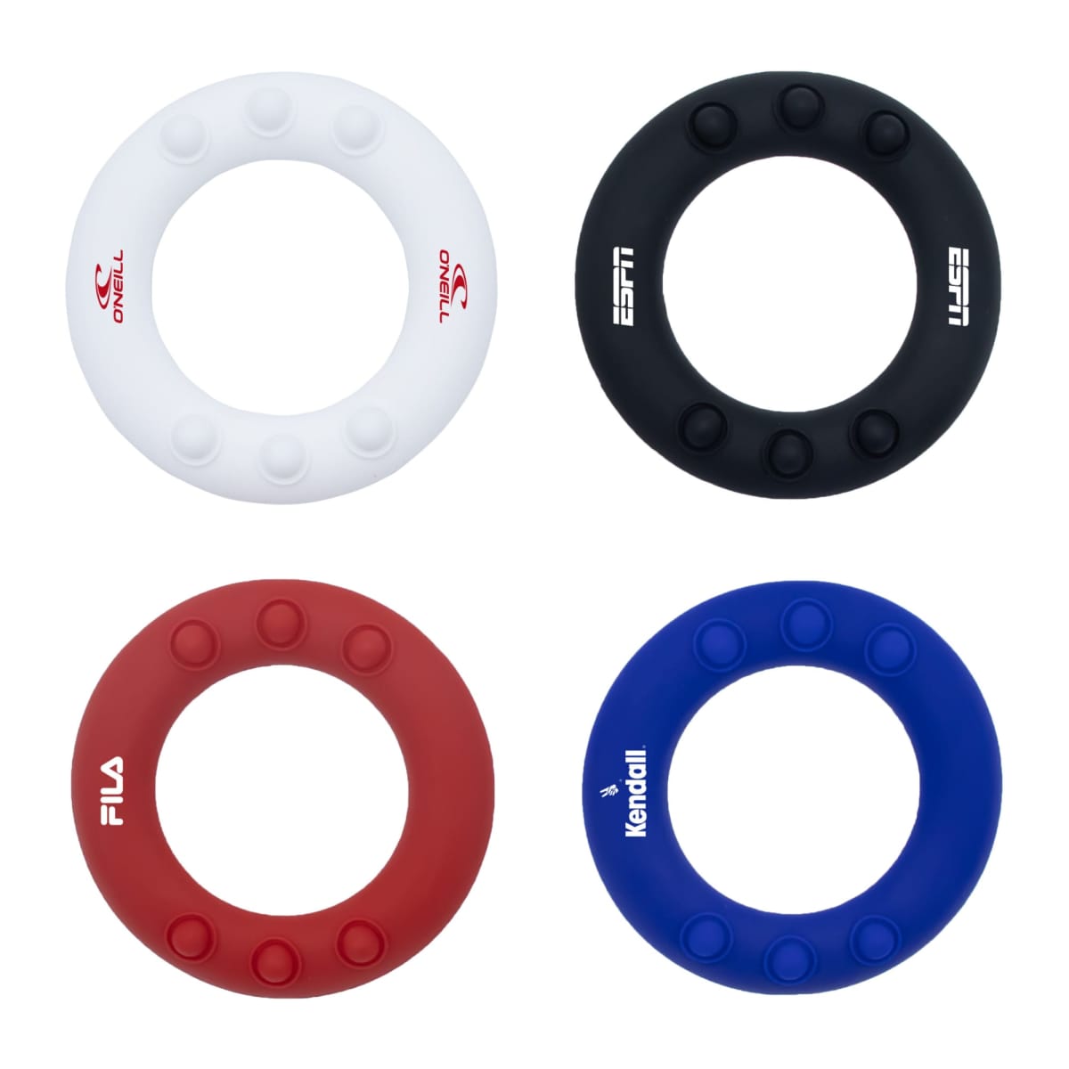 Four round exercise hand grips are displayed: white with ONEILL logo, black with ESPN logo, red with FILA logo, and blue with Kendall text. Each grip has a circular design with indentations around the edges.