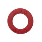 A red circular rubber ring with several evenly spaced raised bumps on one side. The bumps add texture to the rings surface. The background is plain white, highlighting the rings structure and color.
