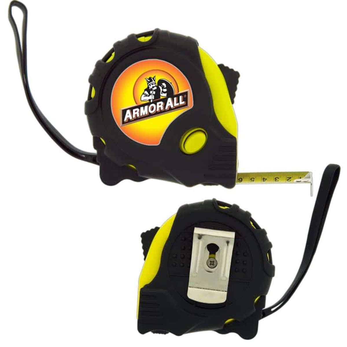 Two views of a black and yellow tape measure with Armor All branding. The top view shows the extended measuring tape, while the bottom view displays the belt clip on the back.